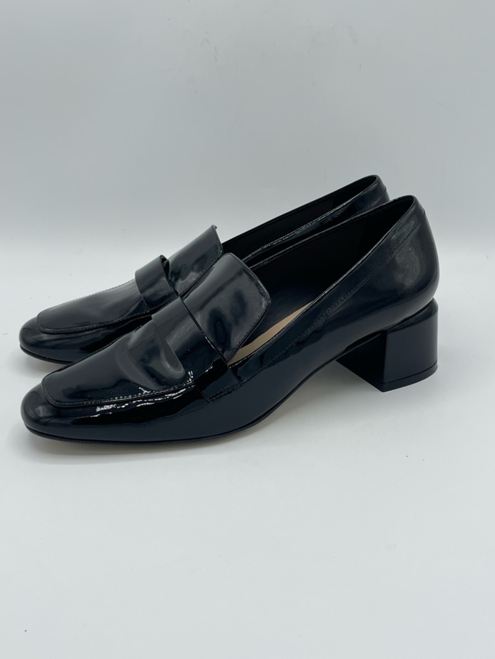 Stuart Weitzman Wylie 45 Patent Black Leather Block Heel Loafers.